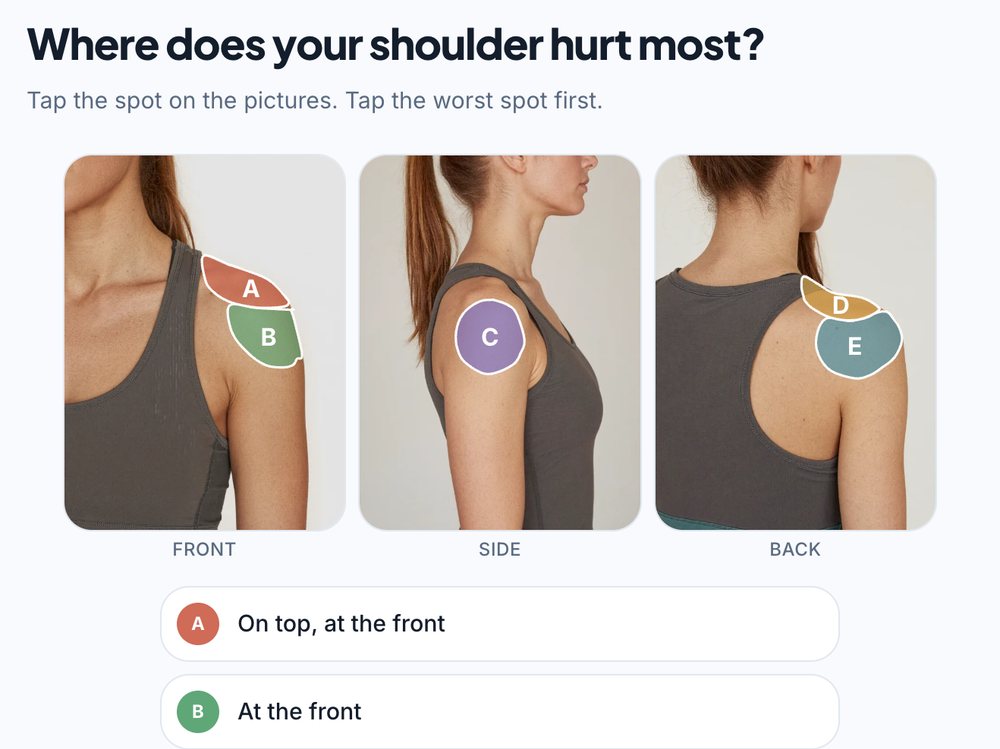The pain question: tap the coloured area on the front, side or back of the shoulder